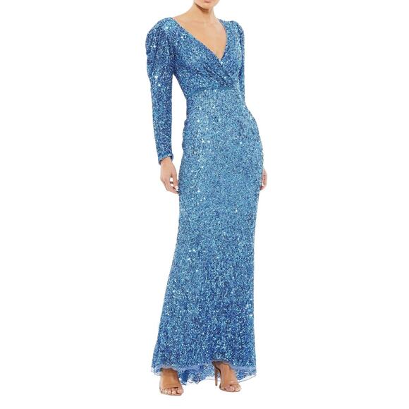 Mac Duggal Dress 5510 French Blue Sequin Long Sleeve Gown Size 12 - Picture 2 of 7